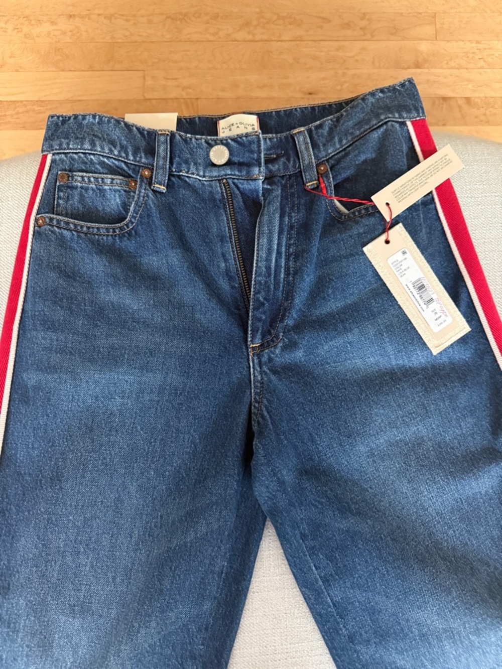 Alice + Olivia Weezy Wide Leg Jeans with Red & White Side Stripes - NWT
